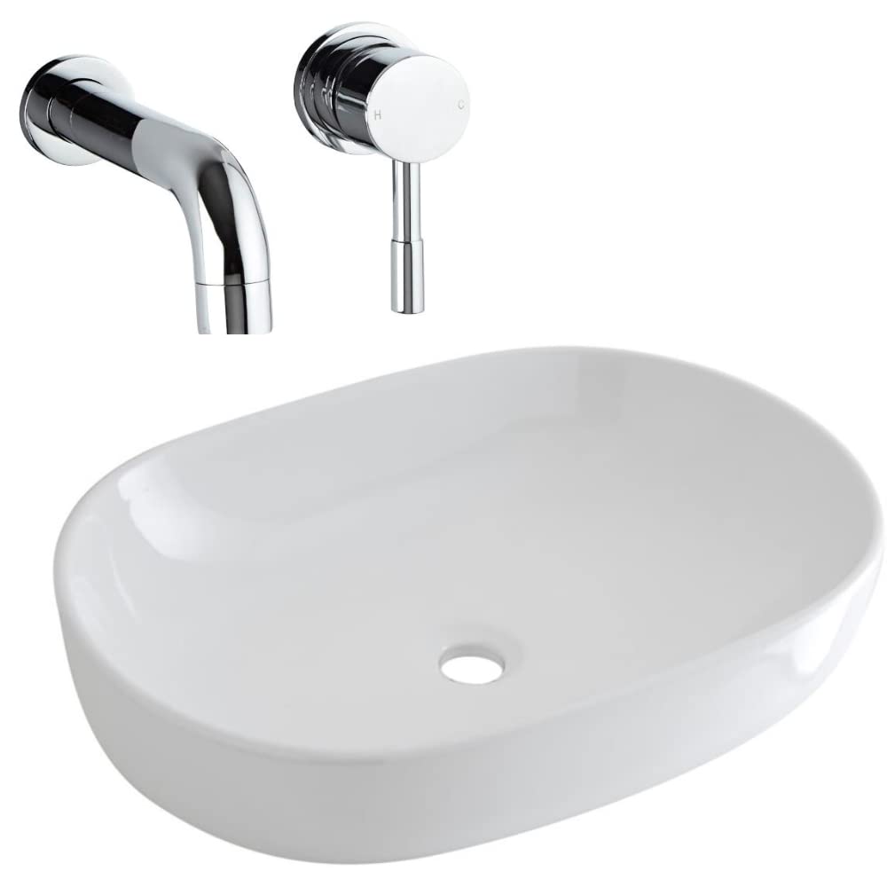 Milano White Overton Oval Countertop Bathroom Basin Sink Wall Mounted Mixer Tap - 590Mm X 425Mm