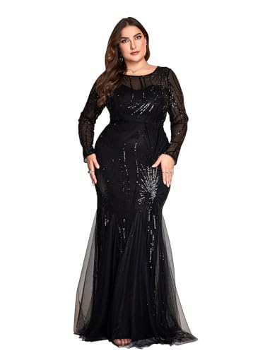 Image of Plus Size Long Sleeve Sequin Evening Dress Glitter Mermaid Long Gown for Mother of The Bride Or Wedding Guest