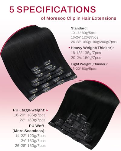 Image of Moresoo Black Clip in Hair Extensions Human Hair, 16Inch Seamless PU Weft | Clip in hair extensions , 16inch 135g 7pcs, jet black, fuller and thicker volume upgrade, ideal for enhanced glam look