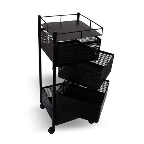 Image of KITCHIVO Kitchen Storage Rack | Revolving Vegetable Rack | Square Multipurpose Storage Trolley with Wheels | Metal Fruit Rack (Black, 4 Layer)