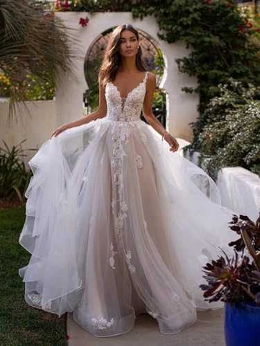 V Neck Wedding Dress for Bride Sleeveless Tulle Pleated Flowy Dress Straps A-Line Lace Applique Long Train Bridal Gown3
