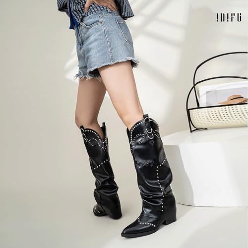 IDIFU IN2 Fold Over Cowboy Boots for Women Cowgirl Knee High Western Embroidered Pointed Toe Slouchy Low Short Block Chunky Heel Zipper Comfort Fashion Cute Trendy Prom Dressy Fall Boots4