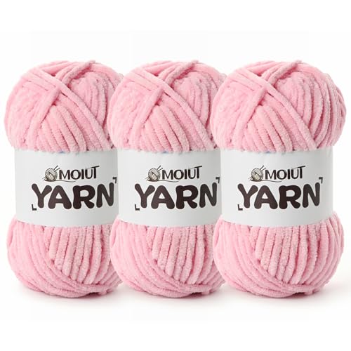 Image of 3 Pack Fluffy Chenille Yarn for Crocheting, Chunky Velvet Yarn for Crochet Amigurumi, Baby Yarn for Crocheting Soft Blanket, 262.4yds /10.5 oz Bulky Yarns for Crafts /Hats /Shoes /Socks (3 Peach Pink)