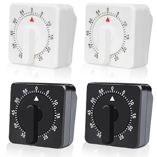 4 Stück Mechanisch Küchentimer: 60 Minuten Eieruhr mit Lauter Alarm, Kurzzeitmesser Mechanisch Küchenuhr, Countdown Timer Küchenwecker Timer für Kochen, Sport, Studieren (Weiß, Schwarz)