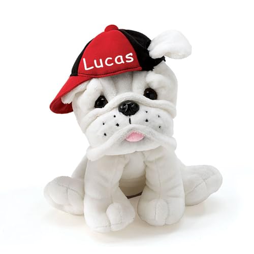 burton+BURTON Personalized Eugene White Bulldog in Baseball Cap Plush Stuffed Animal Toy with Custom Name - 7.5 Inches