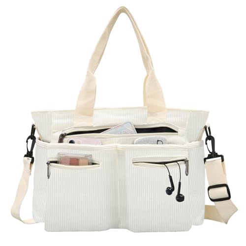 Image of Corduroy Tote Bag Women With Multiple Pockets Everything Handbag Zipper Crossbody Bags Christmas Gifts, Beige