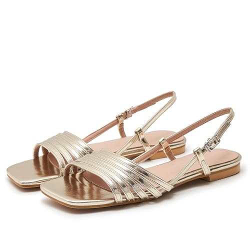 Women's Strappy Flat Sandals Open Square Toe Slingback Gladiator Flats Sandal Summer Vacation Dressy Beach Shoes