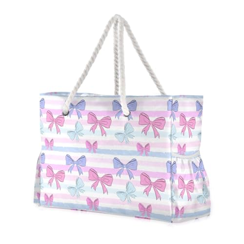 Colorful Bows Beach Bag & Travel Tote Bag Large Sandproof with Zipper Closure, Wet Pouch for Swim Gym Travel, Lightweight Foldable Outdoor Bag