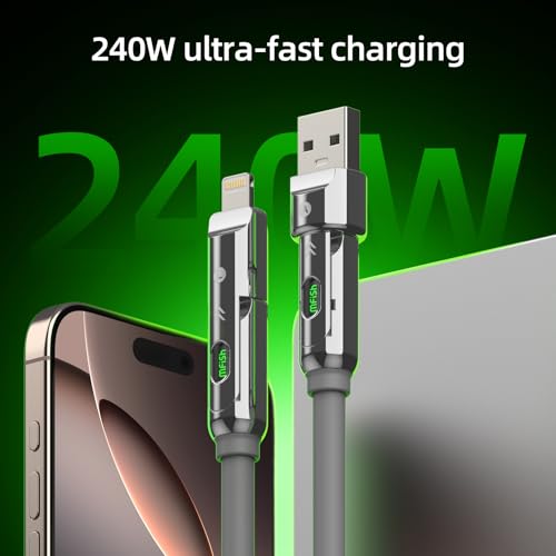 Image of MFish 4-in-1 Charging Cable, USB-C /USB-A to USB-C & Lightning Cable, 240W PD 3.1 USB C Fast Charging Cord, 6.6FT Silicone Multi Charger Cable for iPhone 17 /16 /15 /14, MacBook, iPad, CarPlay, Grey
