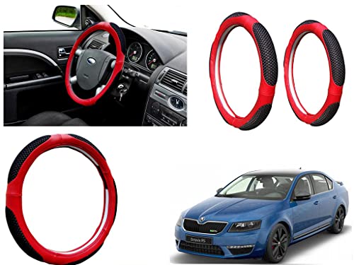 Image of Microfiber Car Steering Wheel Cover, Soft Padding Great Hand Feel, Anti-Slip, Faux Leather Steering Cover for Skoda Octavia | Black Red Jali - Pack of 1