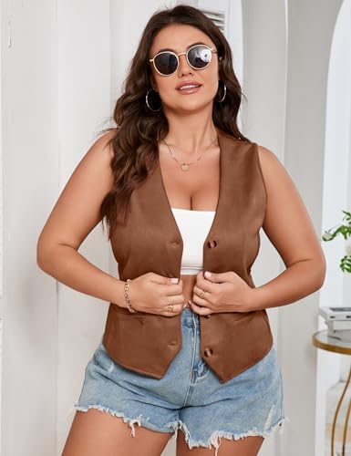 ShopWonder Womens Plus Size Button Vintage Vests Jacket V-Neck Faux Suede Cardigan Outerwear With Pockets2