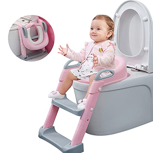 Barakara Asiento Inodoro Niños para Orinal Infantil Formación, Adaptador WC Niños con Escalera y Cojín Suave, Abatible, Antideslizante, para Niños de 1a 10 Años(Rosa)