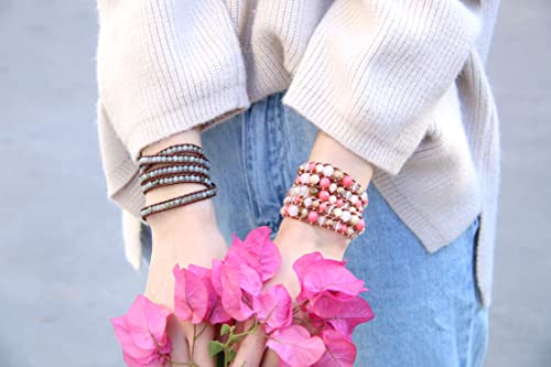 Image of C.QUAN CHI Natural Crystal Bead Bracelet Leather Wrap Bracelet 5 Wrap Stackable Braid Bracelet Bangle Jewelry Birthday Gifts