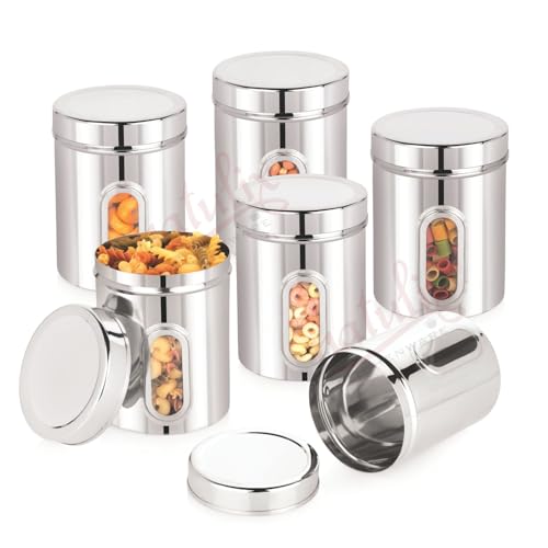 Image of NATULIX 2 Kg Stainless Steel Containers for kitchen with See Through Window | Kitchen Containers Set | Silver | Mirror Finish (2500ml - 6pcs) Food Grains Capacity - 2kg Approx