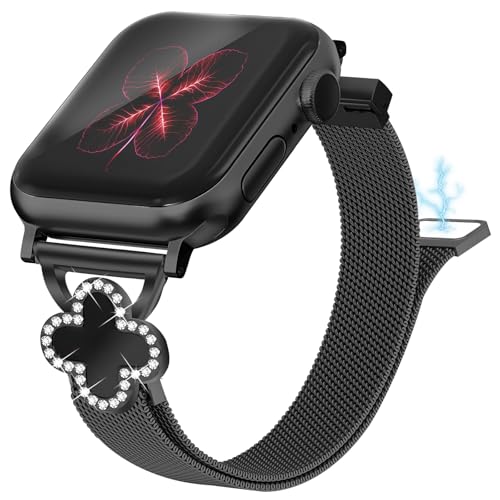 Joyozy Slim Metal Band Compatible with Apple Watch Band 38mm 40mm 41mm 42mm 44mm 45mm 46mm 49mm Skinny Magnetic Strap with Bling Charms, Cute Stainless Steel Band, Dressy Thin iWatch Bracelet for Women