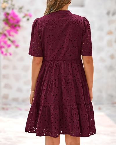 Image of BTFBM Womens Boho Summer Dresses 2026 Spring V Neck Short Sleeve Hollow Out Lace Ruffle Casual Beach Mini Vacation Dress