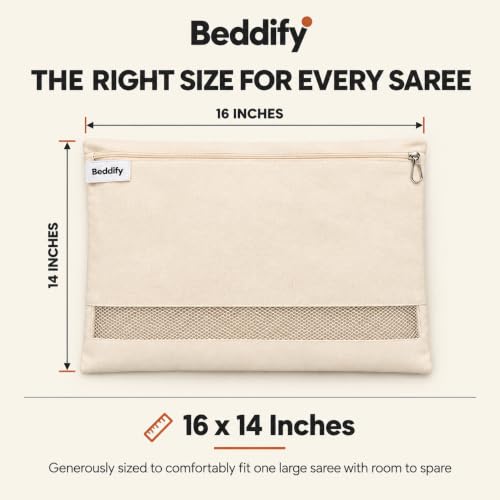 Image of Beddify Pack of 6 Cotton Saree Bags Covers For Storage Big Size Single (16 X 14 Inches) With Zip Closure For Clothes Bags And Wardrobe Organizer With Transparent Mesh Window, Beige