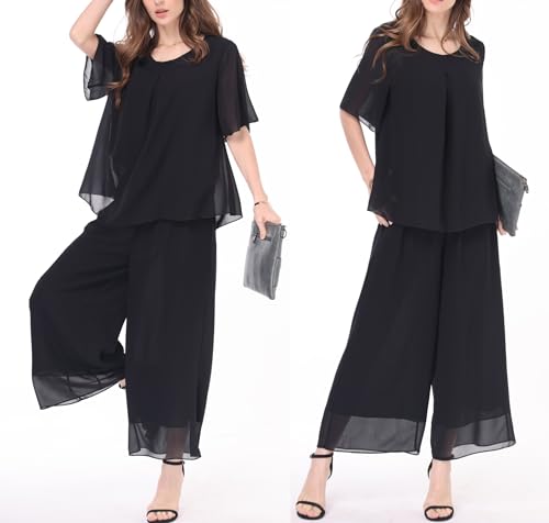 Women's Chiffon Summer 2 Piece Outfits Suit Blouse Top Capri Wide Leg Dress Casual Business Pants Sets4