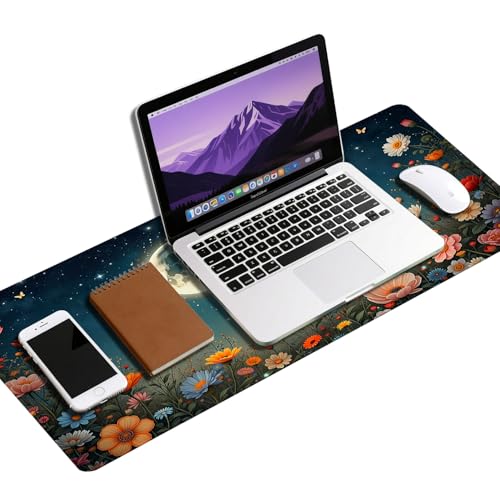 Image of Vimorco Waterproof Desk Pad,XXL Large Mouse Extended Gaming Mousepad with Anti-Slip Rubber Base,Computer Laptop Keyboard Mouse Mat for Women Girls Work,Game,Office,31.5 x 15.7 inch,Black Moon Flowers