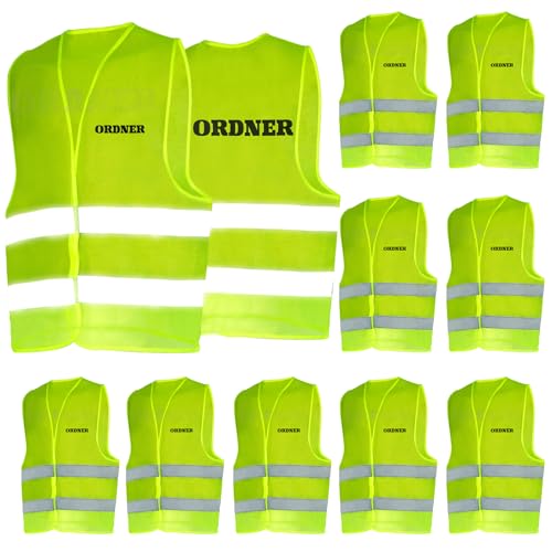 jiawaggag 10 Stück Ordner westen warnweste mit aufdruck ordner warnwesten gelb sicherheitsweste ordner Signalweste Reflektionsstreifen XL Fluoreszierendes Gelb