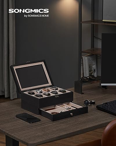 SONGMICS Watch Box with 8 Slots, 2-Tier Wood Watch Case with Large Glass Lid, Watch Pillows, Velvet Lining, Jewellery Box, Gift for Loved Ones, Ebony Black JOW008B01