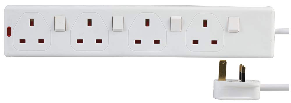 Pro Elec White 4 Gang Switched Extension Lead, 1M,