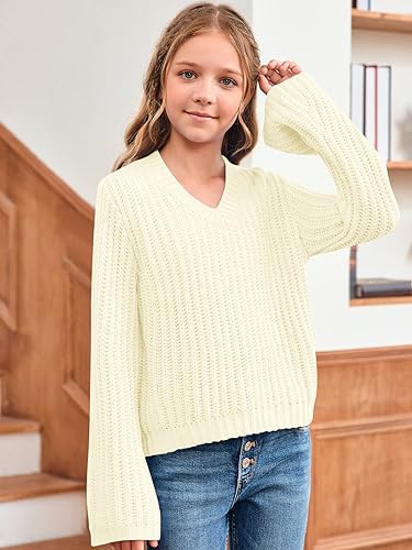 Imily Bela Girls Bell Sleeve V Neck Knit Sweaters Kids Fashion Crop Pullover Sweater Tops2