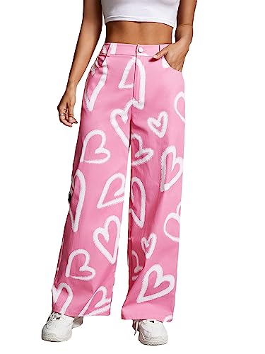 WDIRARA Women's Heart Print Button Front Trousers High Waisted Wide Leg Pants with Pocket