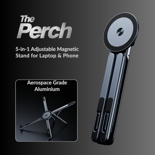 Image of The Perch 5-in-1 Adjustable Phone & Laptop Magnetic Stand | 8 Angle Foldable Aluminium Desk Riser for Tablet, iPad, Books & Mobile (Grey)