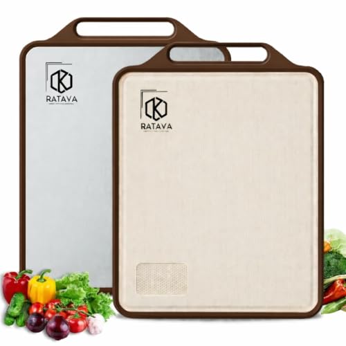 Image of Double Sided Stainless Steel Cutting Board for Kitchen, Stainless Steel & Wheat Straw Chopping Board with Juice Groove, Non-Slip, BPA Free, Dishwasher Safe for Meat, Fruits & Vegetables (Brown)