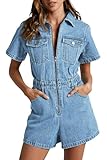 PLNOTME Womens Summer Denim Romper Short Sleeve Zip Up Utility Pockets Jean Jumpsuit Shorts