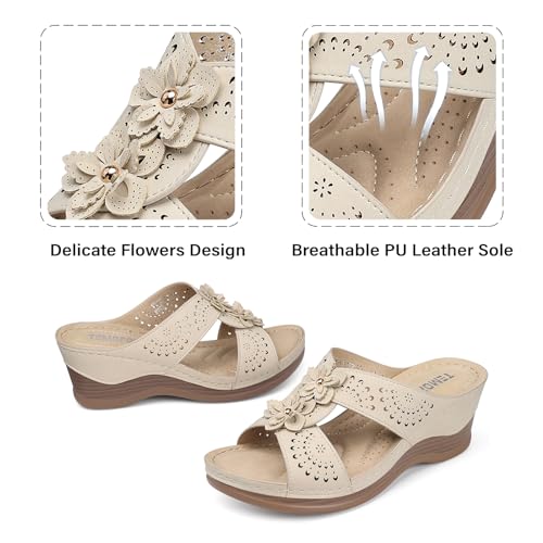 Image of TEMOFON Womens Wedge Sandals Leather: Comfortable Walking Shoes Summer