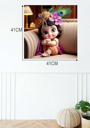 Image of Akki Wold Mukut,Feather,Flower Kanha On Soffa Wall Poster For Living Room, Office, Pooja Room (Size - 41CM X 41CM)