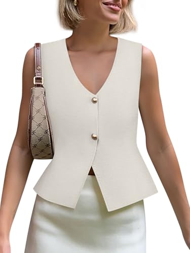 Image of Yousify Womens Sweater Vest V Neck Button Down Crop Knit Tank Top Fashion 2025 Sleeveless Basic Cardigans