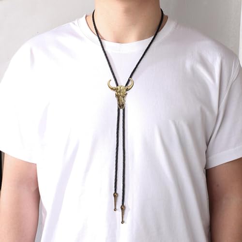 Image of Jeilwiy Bolo Tie for Men Western Cowboy Tie Necklace Gold Bolo Tie Leather Necktie Halloween Tie Accessories for Women