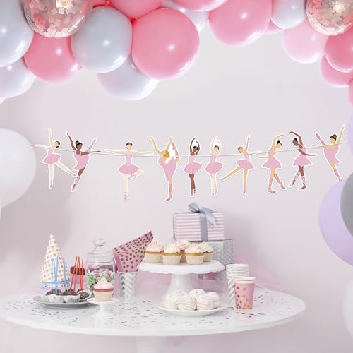 Image of Hooqict Happy Birthday Banner Ballerina Birthday Party Decorations Ballerina Dancer Party Banner Garland Sign for Girls Women Pink Ballet Party Decorations Supplies
