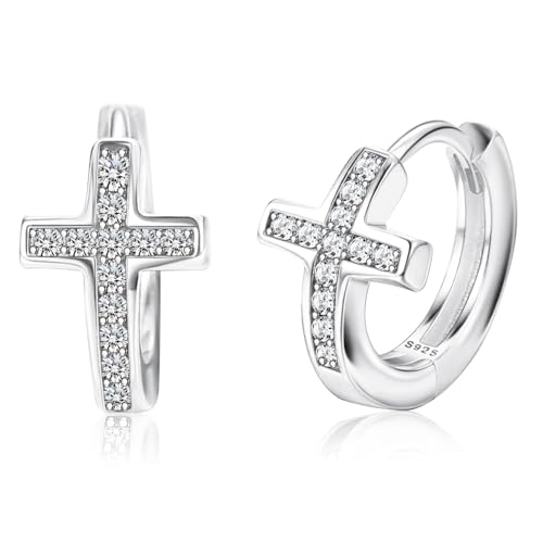 MILACOLATO 925 Sterling Silver Cross Hoop Earrings: Small Huggie Earring for Women Men Tiny Cubic Zirconia Hypoallergenic Cartilage Cross Earrings Dainty 18K Gold Plated Jewelry Gifts