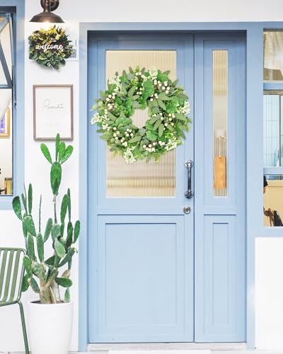 Vlorart 20 Inch Artificial Spring Summer Christmas Greenery Wreaths for Front Door Green Eucalyptus Leaf Wreath Decor Boxwood with Big Berries for Farmhouse Outside - image 6