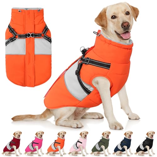 Image of AOFITEE Dog Coat, Large Dog Jacket, Dogs Coat with Harness Built in, Reflective Waterproof Dogs Jackets Winter with Furry Collar, Warm Polar Fleece Pet Sweater Snowsuit for Doberman, Great Dane, XXL