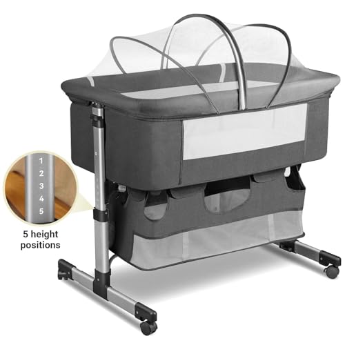 Image of Baby Crib, Baby's Cradle, 3 in 1 Bedside Crib Adjustable Portable Bed for Infant, Baby Bassinet Baby Newborn Must Have Bed, Grey