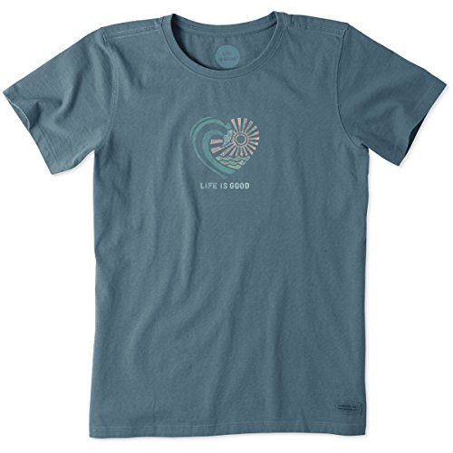 Life is good Women's Crusher Beach Wave Heart T-Shirt (Pacific Blue)