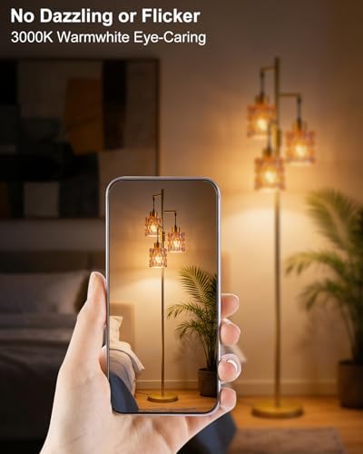 Image of 3-Light Floor Lamps for Living Room, Farmhouse Dimmable Gold Floor Lamp with Amber Glass Shade& Bulbs Included, Mid Century Standing Tall Lamp for Bedroom /Sofa Beside /Corner