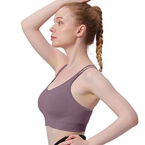 Image of WOYYHO Cross Back Sports Bra for Women Padded Medium Support Workout Bra | 3 Pack, Strappy, Removable Pads, Soft, Spaghetti Strap, Moisture-Wicking, Seamless, for Athletic Yoga Gym Fitness Daily