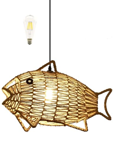AyshwillDec Woven Pendant Light Boho Chandelier Fish-Shaped Rustic Farmhouse Chandelier Hemp Rope Light Rattan Light Fixture for Dining Room Living Room Bedroom Kitchen Foyer(Bulb Included)