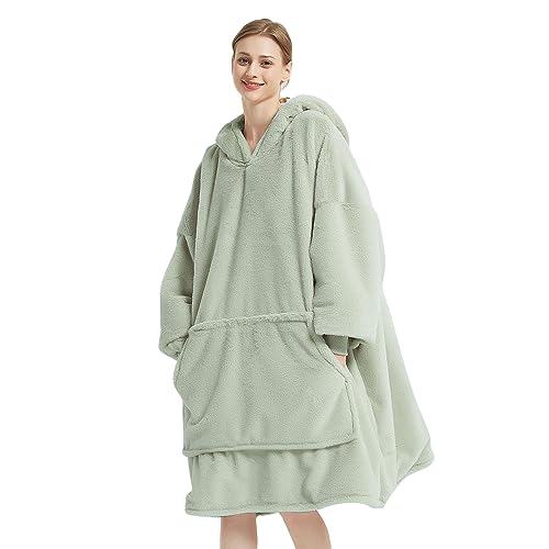 Lanqinglv Oversized Hoodie Sweatshirt Plüsch Flauschige Sherpa TV-Decke mit Ärmeln Hellgrün, Kapuzenpullover Kuscheldecke, Flanell Fleecedecke, Sofa Decke Einheitsgröße für Damen, Herren