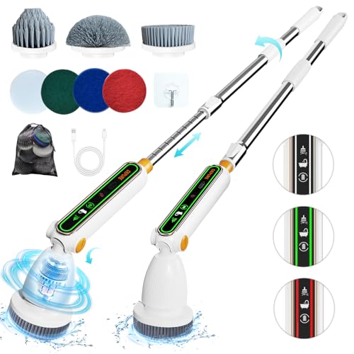 DEPURE Electric Spin Scrubber, Quiet Cordless Power Scrubber, Electric Cleaning Brush with 8 Replaceable Heads, Adjustable Extendable Pole, Shower Scrubber with Long Handle for Bathroom