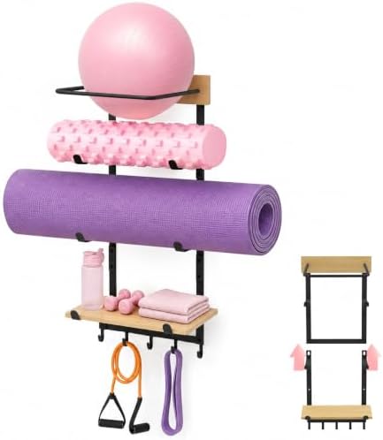 4-in-1 Yoga Mat & Ball Holder Wall Mount Storage, Durable Home Gy...
