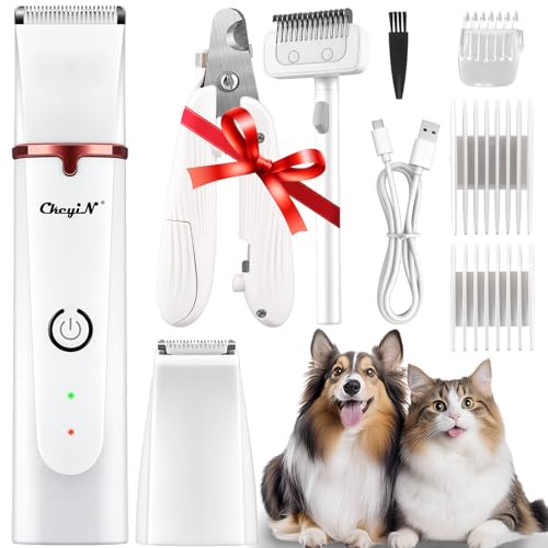 4 in 1 多機能 犬 バリカン 猫 バリカン/初心者 ペット用バリカン/低騒音・軽量/肉球 足裏 顔周り お尻周 全身 トリミング/Type-C充電式コードレス/小型犬·大型犬·猫·対応/LED犬 爪切・血線確認/犬 コーム/白いの商品画像（Amazon）