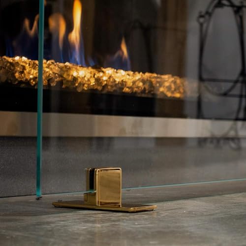Image of AMS Fireplace | Manhattan Modern Freestanding Frameless Clear Glass Fireplace Screen with Golden Brass Feet Base (Small Size: 36 inch W X 26 inch H)