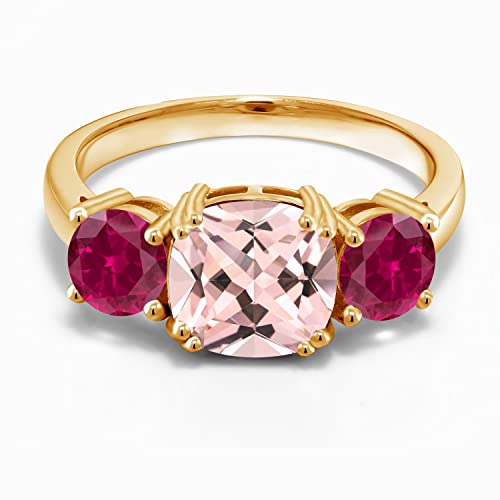 18K Yellow Gold Plated Silver Peach Nano Morganite and Red Created Ruby 3 Stone Engagement Ring For Women (4.00 Cttw, Gemstone October Birthstone, Cushion 8MM, Available in Size 5,6,7,8,9)2